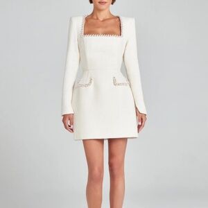 NADINE MERABI Cream Long Sleeve Square Neck Mini Dress
